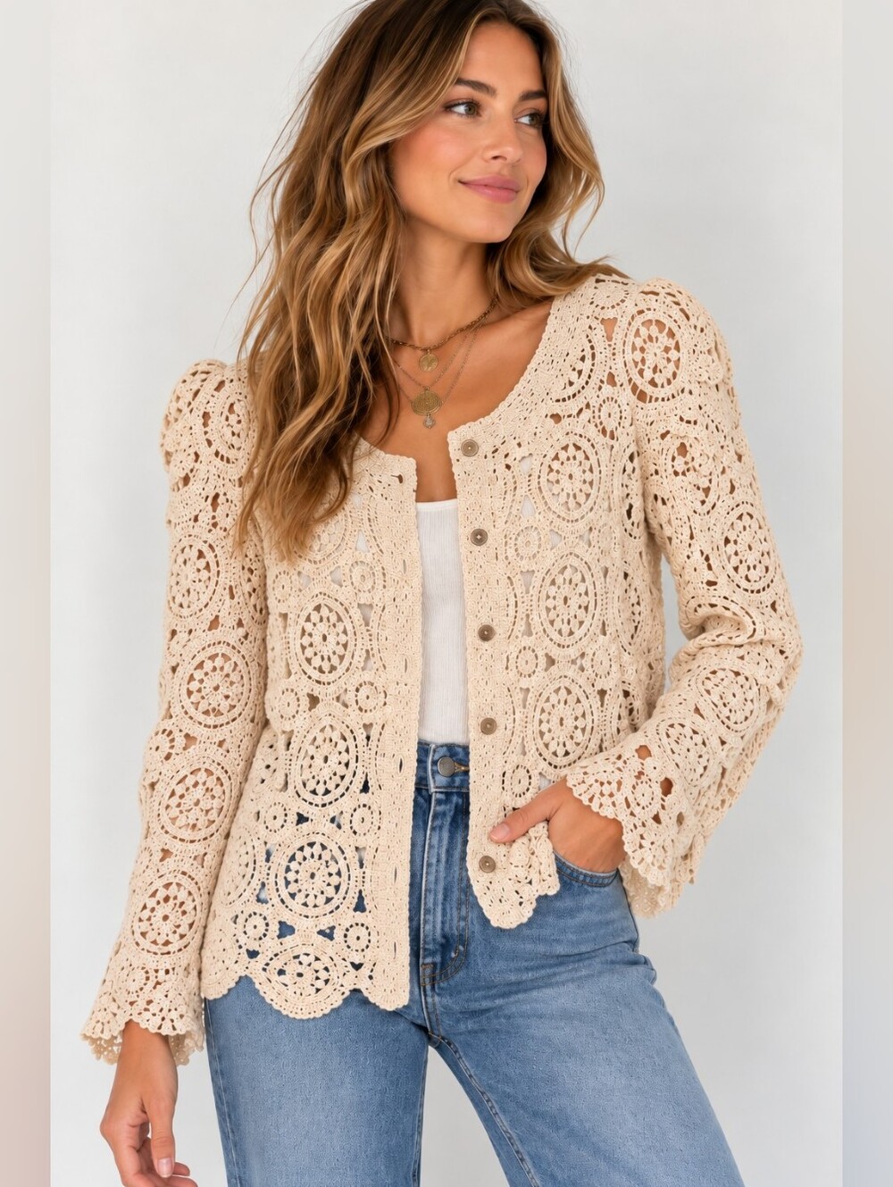 ORIGAMI by Vivien Cream Crochet Lace Cardigan Boho Floral Cotton S/M